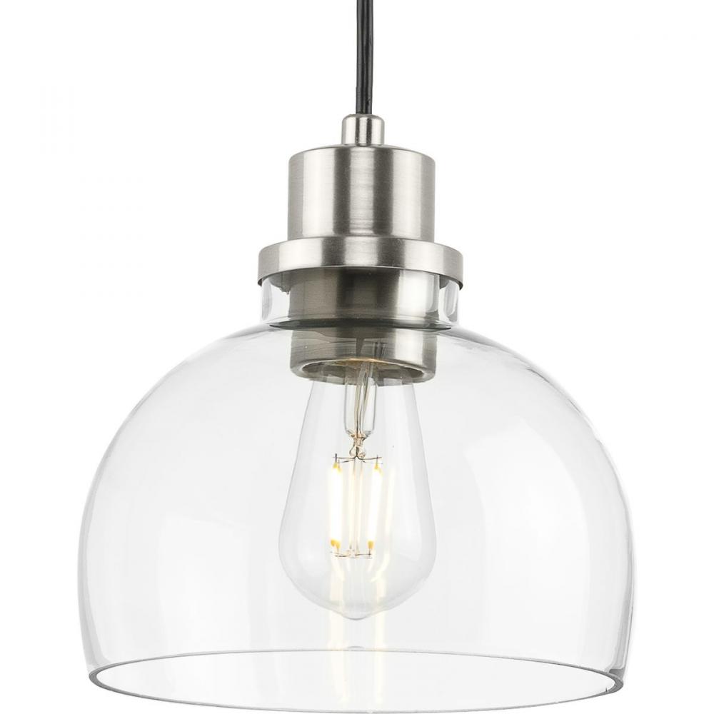 Garris Collection One-Light Brushed Nickel Clear Glass Transitional Mini-Pendant