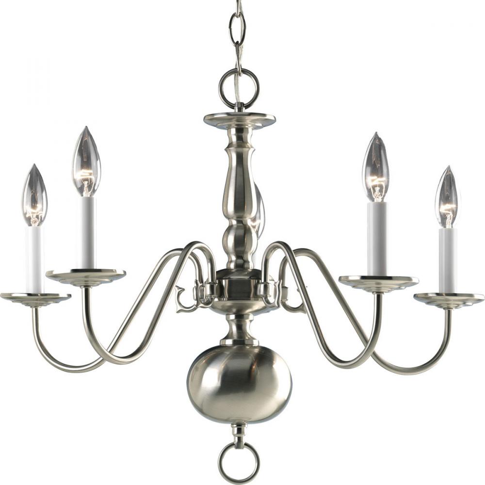 Americana Collection Five-Light Brushed Nickel White Candle Traditional Chandelier Light
