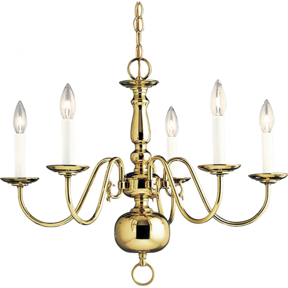 Americana Collection Five-Light Polished Brass White Candle Traditional Chandelier Light