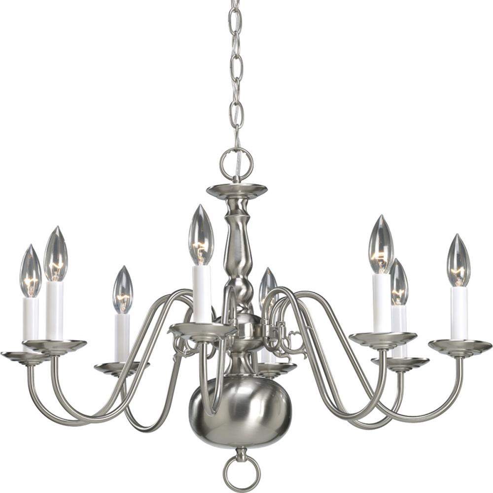 Americana Collection Eight-Light Brushed Nickel White Candle Traditional Chandelier Light