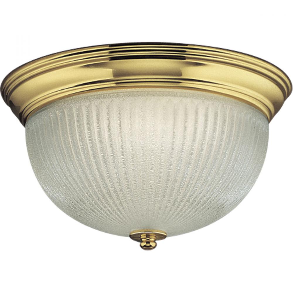 Two Light Polished Brass Ice, Semi-clear Ribbed Glass Bowl Flush Mount