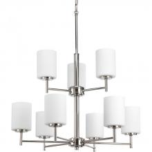 Progress P4726-104 - Replay Collection Nine-Light Polished Nickel Etched Painted White Glass Modern Chandelier Light