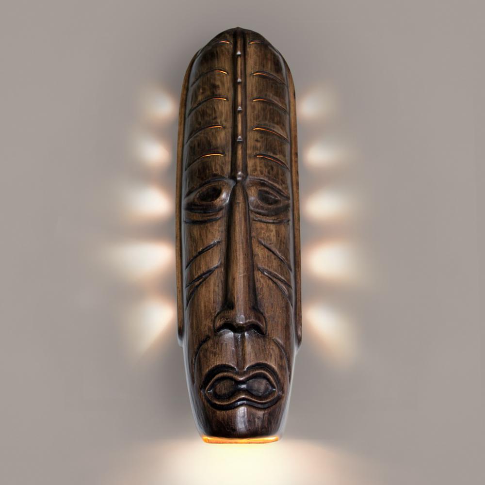 Tribal Mask Wall Sconce Dark Teak with LED bulb included