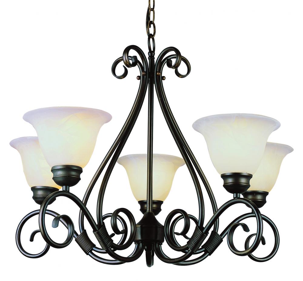 Five Light Rubbed Oil Bronze White Marbleized Glass Up Chandelier