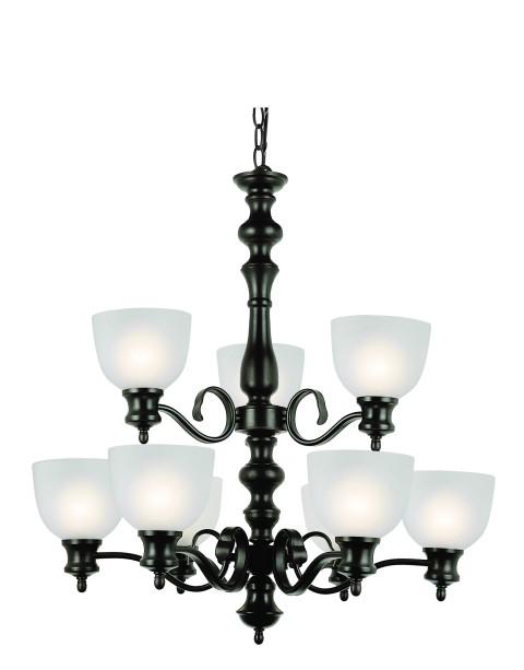 Nine Light Rubbed Oil Bronze White Frosted Glass Up Chandelier
