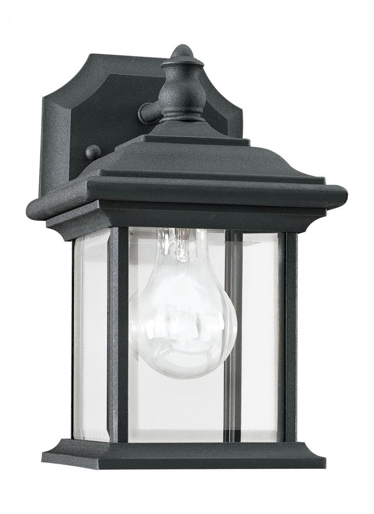 Wynfield traditional 1-light outdoor exterior wall lantern sconce downlight in black finish with cle