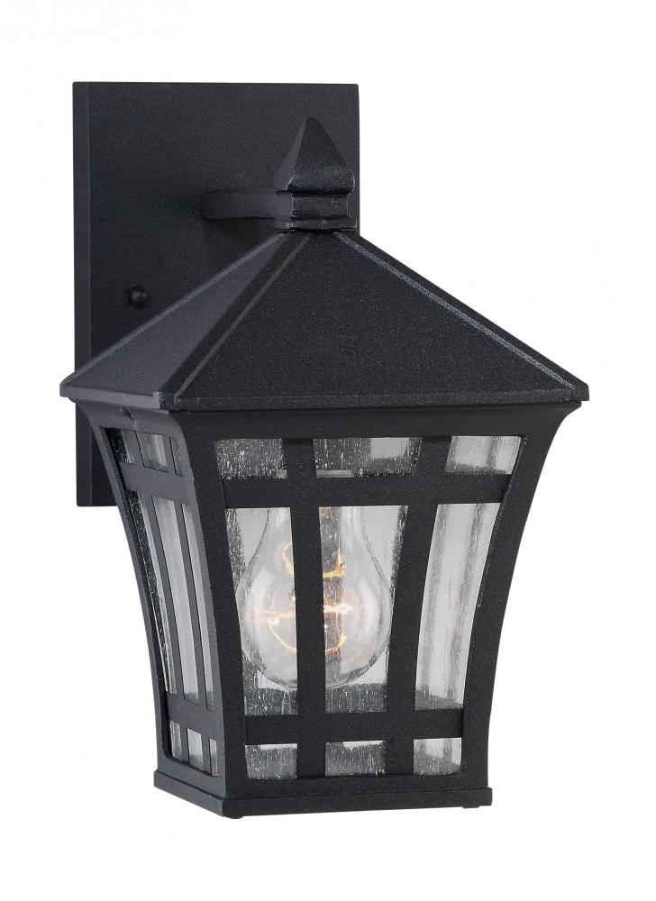 Herrington transitional 1-light outdoor exterior small wall lantern sconce in black finish with clea