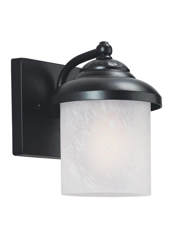 Yorktown transitional 1-light outdoor exterior small wall lantern sconce in black finish with swirle