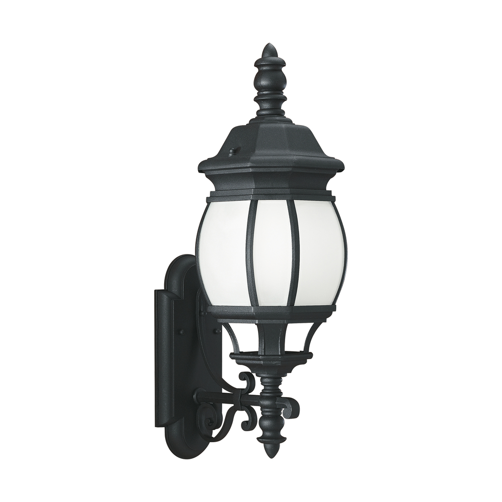 Wynfield traditional 1-light outdoor exterior large wall lantern sconce in black finish with frosted