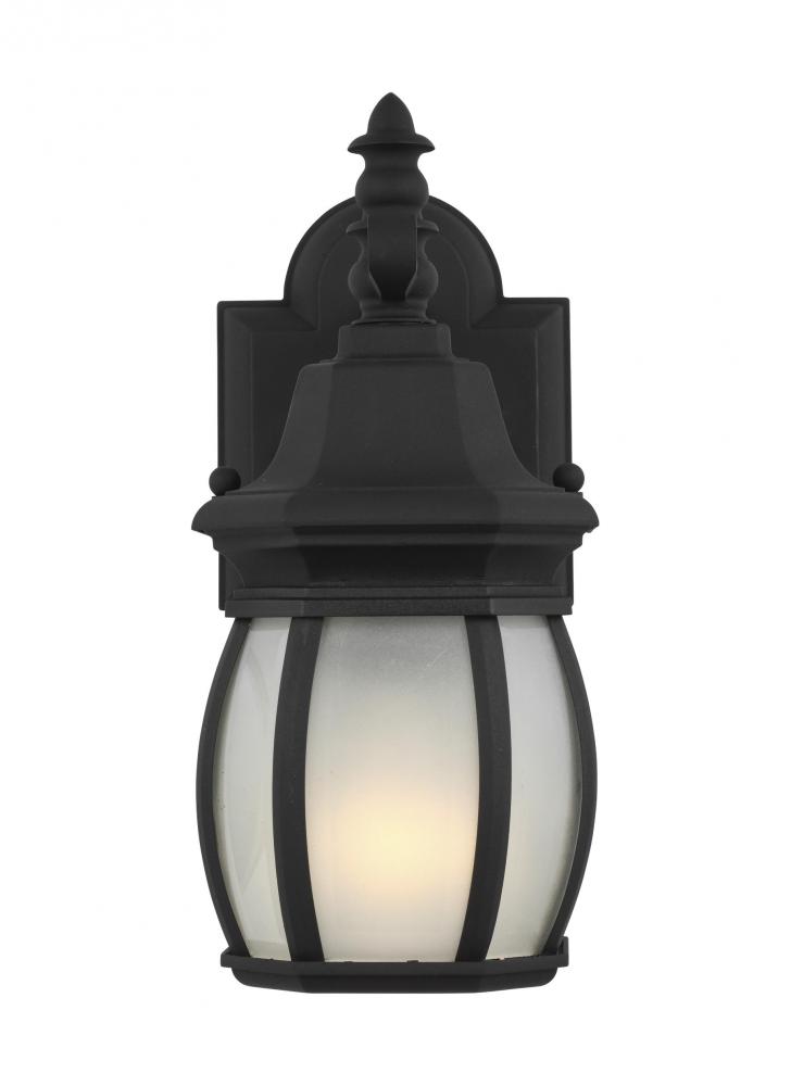 Wynfield traditional 1-light outdoor exterior small wall lantern sconce in black finish with frosted