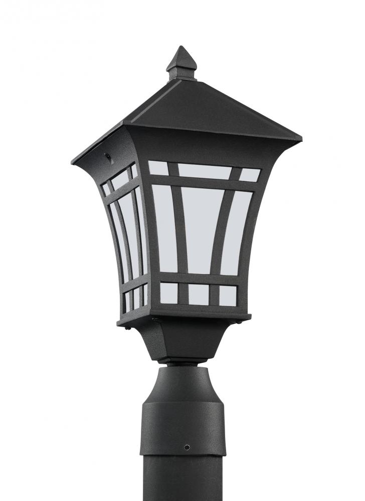 Herrington transitional 1-light outdoor exterior post lantern in black finish with etched white glas