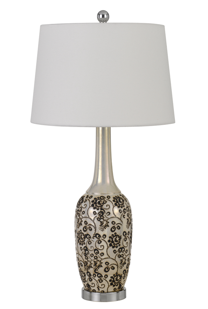 150W Paxton Ceramic Table Lamp With Leaf Design And Taper Drum Hardback Fabric Shade (Priced And Sol