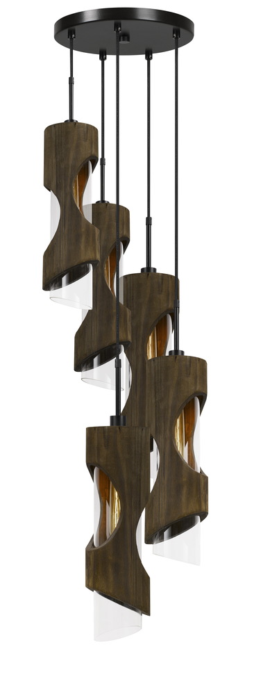 60W X 5 Zamora 5 Light Wood Pendant With Clear Glass Shade (Edison Bulbs Not included)
