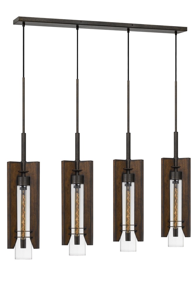 60W X 3 Almeria Wood/Glass 4 Light Pendant Fixture (Edison Bulbs Not included)